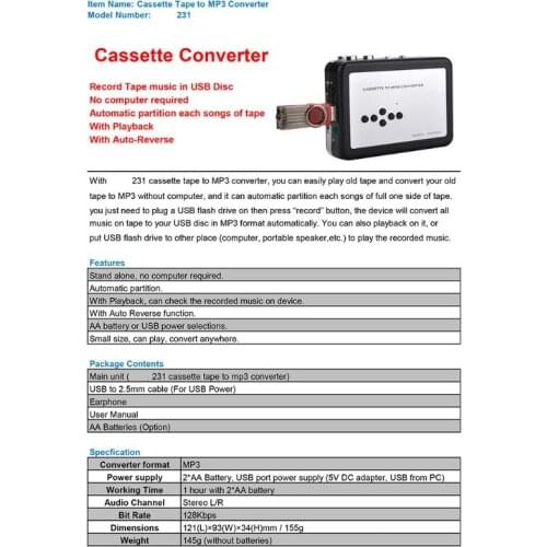 G32B Cassette Tape Player Record Tape to MP3 Digital Converter,USB Cassette Capture,Save to USB Flash Drive Directly