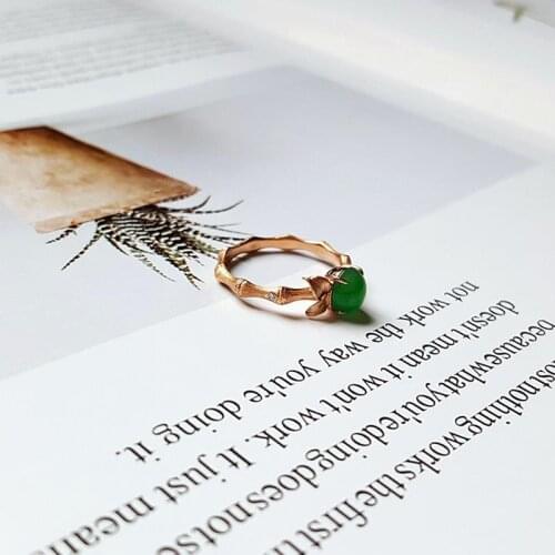 Natural green egg noodle chalcedony bamboo joint opening adjustable ring Chinese retro charm womens brand silver jewelry
