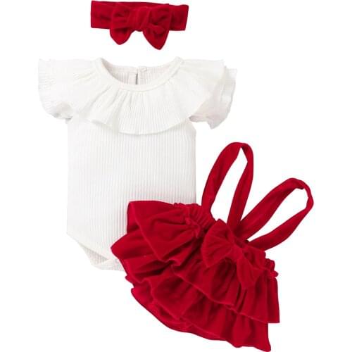 Citgeett Summer Newborn Baby Girls Three-Piece Set Ribbed Flying Sleeve Ruffled Romper Velvet Suspender Skirt Clothes Set