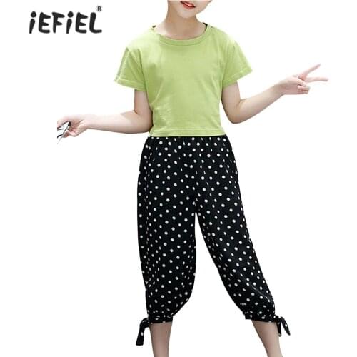 Teenage Girls Clothes Set Summer Short Sleeves Kids Outfits Solid Color T-shirt Tops + Dot Long Pants 2Pcs Children Clothing