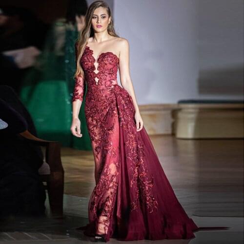 Pretty Wine Red Lace Mermaid Prom Gowns One Shoulder Wrap Train Long Women Dresses To Event Party Dress See Thru Long Dress