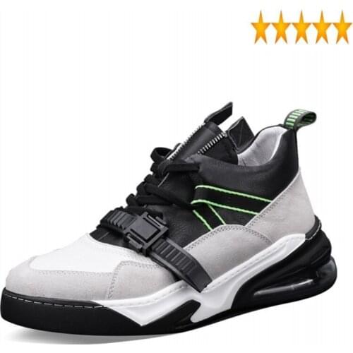 Bottom Increase Mens Genuine Thick Leather Cowhide Casual Sprot Shoes Chic Fashion Mixed Color Lace Up Round Toe Male Sneakers