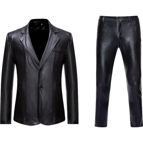 Mens Nightclub Slim Fit Black Coated Metallic 2pcs Suits (Jacket+Pants) Party Wedding Stage Prom Suit Men Costume Homme XXXL