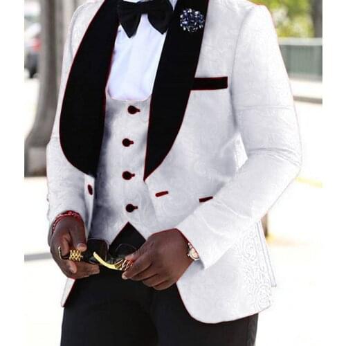 Men Suit 3 Pieces Jacquard Fashion V Neck Wedding Shawl Lapel Groomsmen Tuxedos Suits Men 2019(Blazer+Vest+Pants)