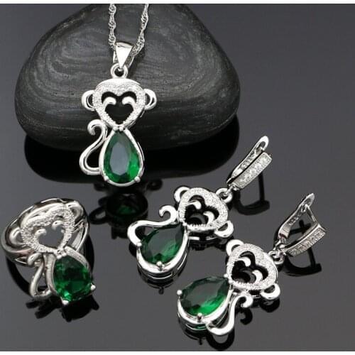 925 Silver Monkey Shape Jewelry Green Cubic Zirconia Jewelry Sets For Women Earrings Pendant Rings Necklace Set