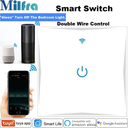 Milfra Double Control Smart Light Switch Neutral Wire Required EU 86mm 3 Way Wall Switch for Google Assistant Alexa Tuya App