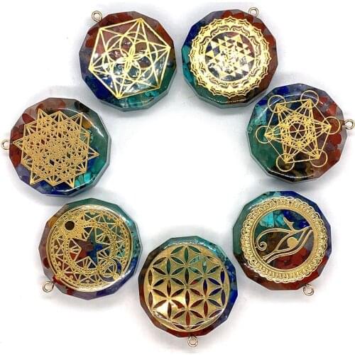 Natural Round Semi-precious Stone Resin Seven Chakra Retro Pendant Energy Aura Stone Pendant DIY Handmade Necklace Jewelry