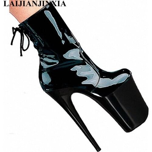 New 20cm Black sexy patent leather ankle boots, a low - size, low - bottom sex high heels, fine - with special - Dance Shoes