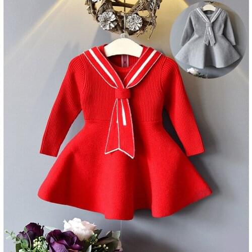 New Arrivals Fashion Girls Dress Spring Autumn Full Sleeve Ruffle Sweater Dress Sailor Collar Red Dress Girl Children Clothes