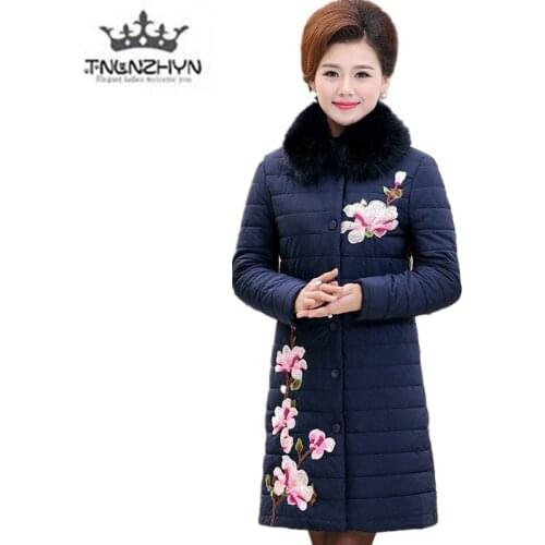 Mid-aged Women Winter Cotton Coats 2019 Mothers Warm Down Jackets High-quality Plus size Fur collar Medium length Jacket parka