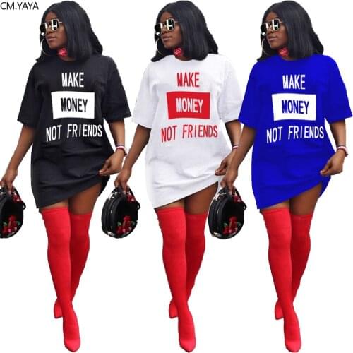 CM.YAYA Women Make Money Not Friends Letter Print O-neck Short Sleeve T-Shirt Dress Fashion Streetwear Tee Dresses