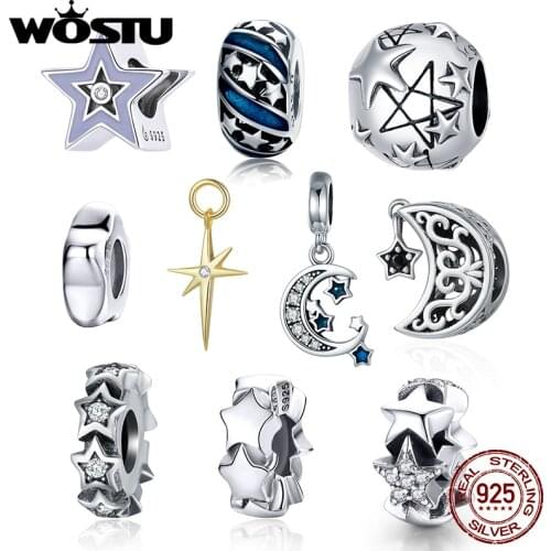 WOSTU Authentic 925 Sterling Silver Star Moon Beads Charms Pendant Fit Original Bracelet Women Party Fashion DIY Jewelry Gift