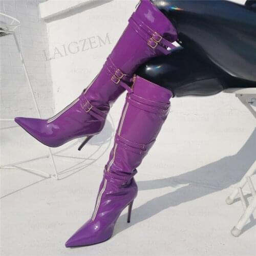 BERZIMER Women Knee High Heels Boots Buckle Straps High Heels Front Zip Tall Boots Handmade Female Shoes Woman Big Size 39 42 47