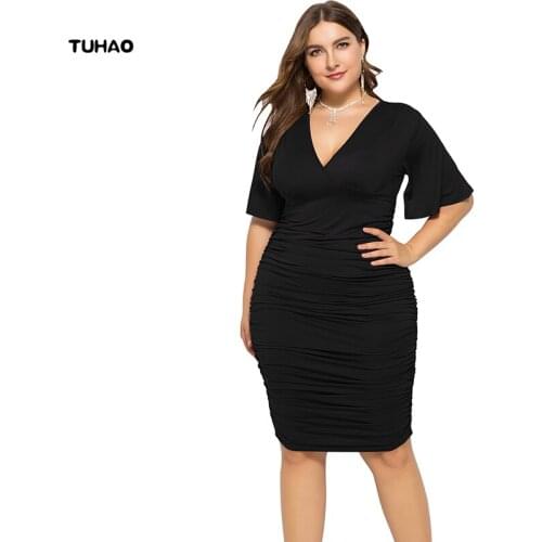 TUHAO 2018 Sumemr Plus Size 4XL 3XL Women Sexy Sheath Dresses Bodycon Dress Pleated Dresses Ruffles Sleeve Party Dress LMTL