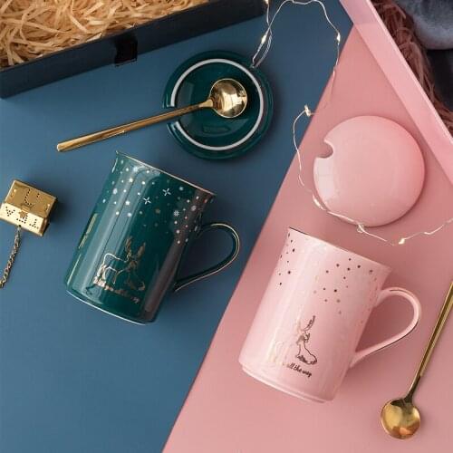 Starry Sky Elk Mug with Spoon and Lid Tea Set Coffee Novelty Big Large Creative Latte Porcelain Cups Birthday Anniversary Gift