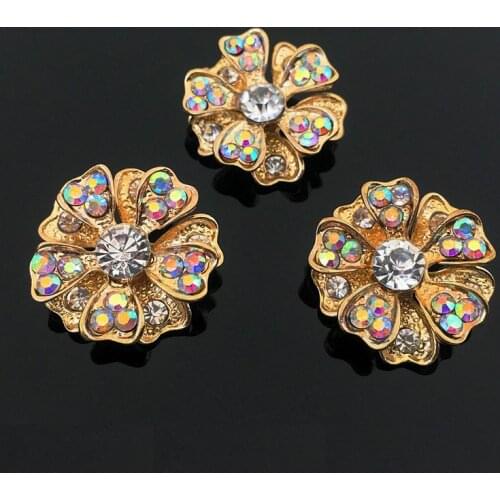 5 pcs/lot New Diamond AB Color Flower Gold Alloy Buttons DIY Handmade Hair Clothing Shoes Bag Mobile Phone Jewelry Accessories