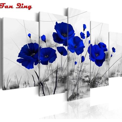 5pcs DIY Diamond Painting,5D,Blue poppies,Square,round,Full Drill Diamond Embroidery Multi-picture Mosaic Decor Wall Art