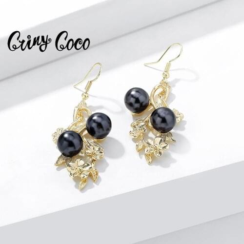 Cring Coco Hawaiian Frangipani Drop Earrings for Women Fashion Black Pearl Pendant Earring Jewelry Wedding Holiday Gifts Girls