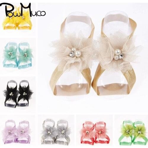 Powmuco Shining Pearls Rhinestone Floral Baby Barefoot Sandals Infant Elastic Band with Foot Flowers Birthday Gifts Photo Props