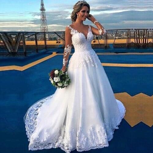 Fantastic Tulle O Neck A-line Wedding Dresses Long Sleeve Wedding Gown Lace Appliques Beadings Bridal Dress vestidos de noiva