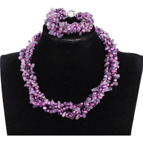 Purple pearl white stone necklace Necklace Twisted Bracelet Jewelry Set Handmade African Wedding Beads Jewellery Set JB128