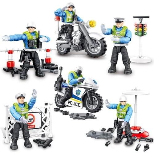 City traffic police mega block action figures Motorcycle Traffic lights gun Command desk building bricks toys for children gifts