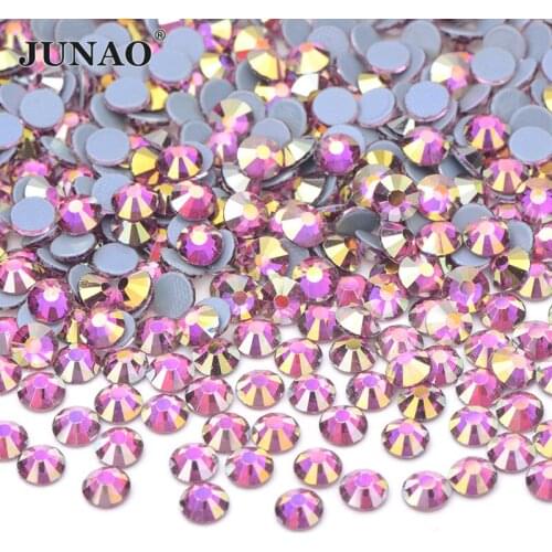 JUNAO SS6 8 10 16 20 30 Fuchsia AB Hotfix Flatback Rhinestones Hot Fix Crystal Stones Iron On Glass Strass for Wedding Dress