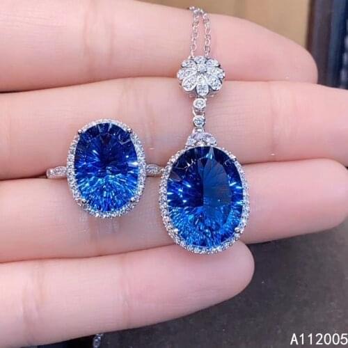 KJJEAXCMY Fine Jewelry 925 sterling silver inlaid natural gemstone blue topaz female ring pendant set elegant Support test