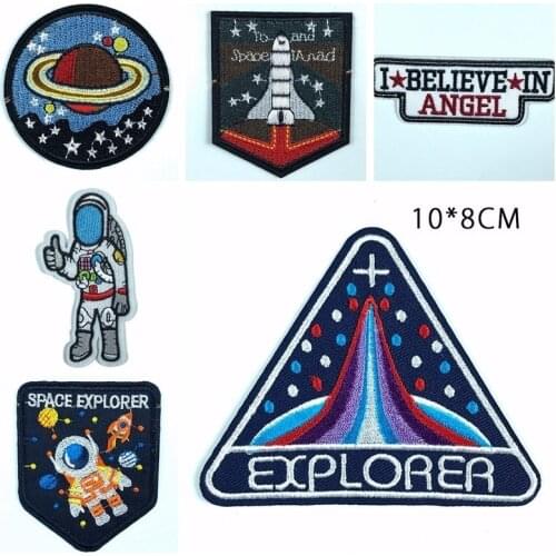 Fine Space UFO Astral Planet Embroidered Patches Iron on Appliques for Clothing DIY Stripes Clothes Alien Rocket Sticker Parches