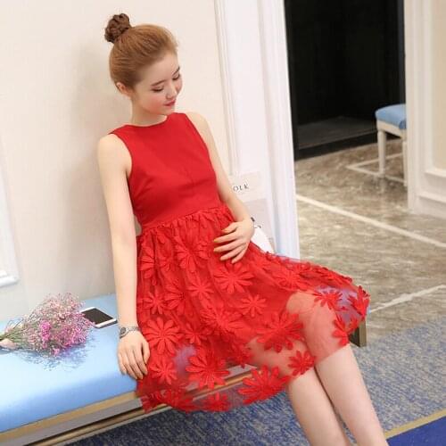 Summer Pregnancy Clothes Cute Maternity Dress New Fashion Floral Lace Dress Pregnant Dresses Sleeveless Red and White