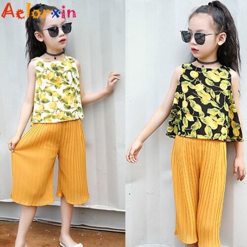 Girls Summer Print Outfits for Kids Sleeveless Shirts & Knee Length Pants Suits Child Chiffon Tops Trousers Girls Clothing Sets