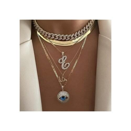 Fashion gold silver color Lucky Turkish Evil Eye women fashion round charm pendant necklace jewelry with bling 5A zircon paved