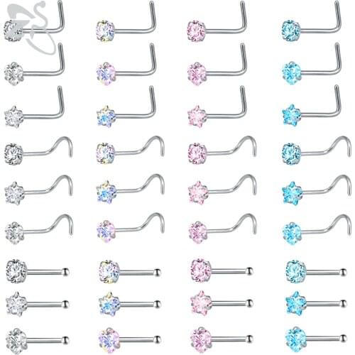 ZS 3-12pcs/lot Stainless Steel Nose Stud Set Round Heart Star CZ Crystal Nose Piercings 3MM L Shape Nostril Piercing Jewelry 20g