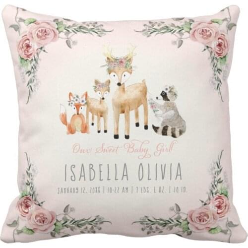Personalized Woodland Animals Baby Girl Birth States Watercolor Throw Pillow Cover Soft Polyester Home Decorative Cushion Cover