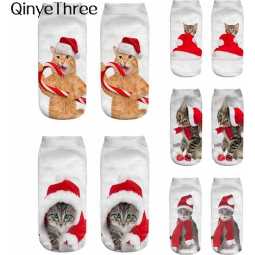 New Design 3D Printed Women Winter Christmas Socks Funny Creative Pet Cat Face Unisex Cotton Harajuku Ankle Socks Children Gift