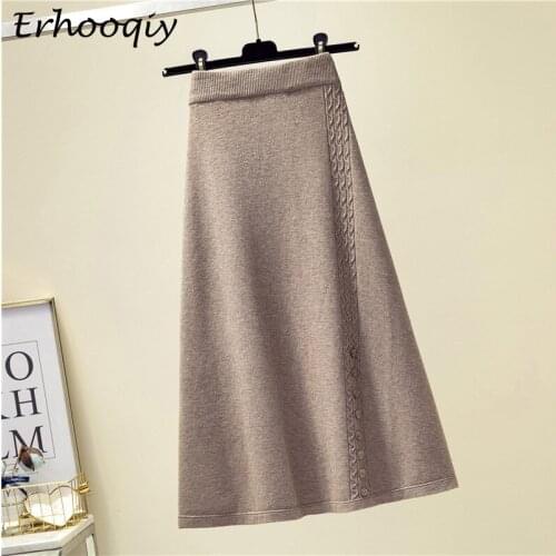 Autumn Winter Thick Warm Button High Waist A-line Skirt Women 2021 New Fashion Wool Knitted Skirt Lady Beige Slim Skirts Female