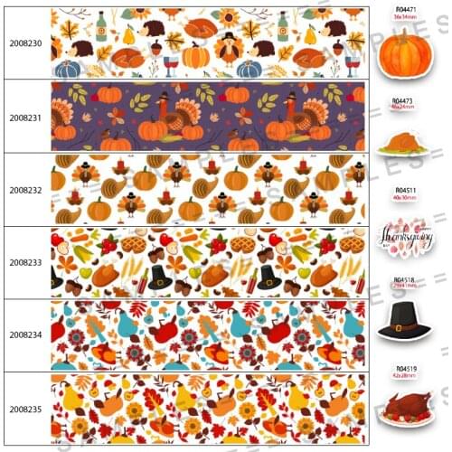 Thanksgiving Dinner Pattern Printed 5 Yards Grosgrain/Satin 25mm/38mm/50mm/75mm Ribbon 30 Pcs Acrylic Planar Resins 200823