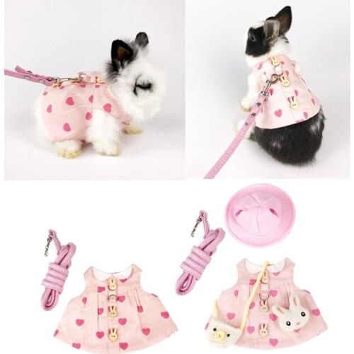 Rabbit Dress Heart Print Breathable Small Pet Animals Harness Leash Set Escape Proof Cute Costume S/M for Hamster Mice