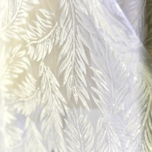 Ivory Sequins Feather Embroidered Cording Lace Sewing For Bridal Gown Wedding Dress Lace Fabric