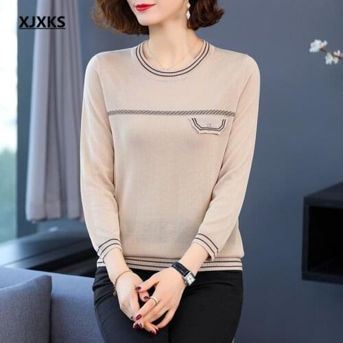 XJXKS Round neck three-quarter sleeve women spring autumn sweater 2021 new loose plus size wool knitted sweater women pullover