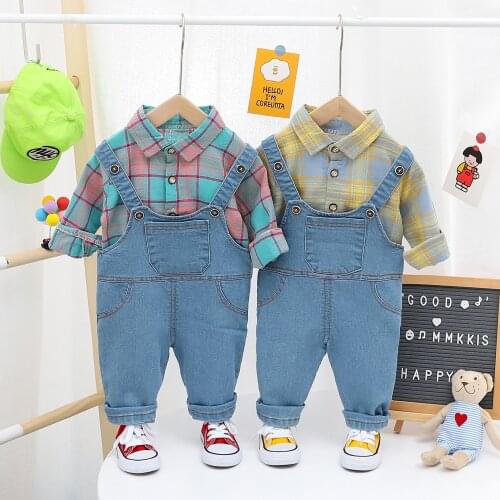 0-4 Years Spring Autumn Children Boys/Girls Clothing Cotton Toddler Plaid Lapel Shirt+Rompers Pants 2pc/Sets Casual Sport Outfit