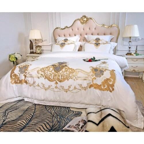 White pink 100S Egyptian cotton Embroidery Royal Bedding sets Queen King Luxury Duvet cover Bed sheet set Pillowcases 4/ 6pcs