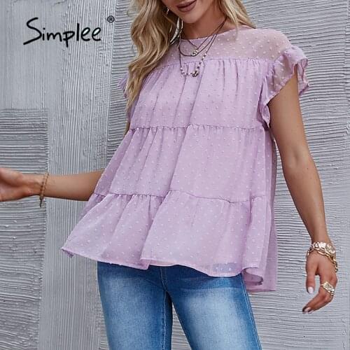 Simplee Holiday chiffon o-neck ruffled sleeves blouse women summer Elegant female solid loose blouses Casual short sleeve blouse