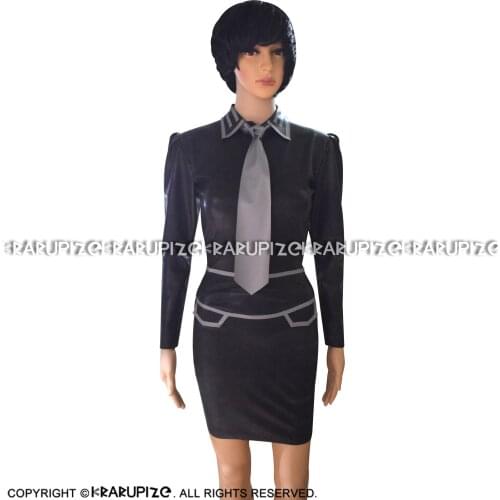 Black And Silver Sexy Military Latex Uniform With Rubber Blouse Skirts Tie Playsuit Bodycon LYQ-0203