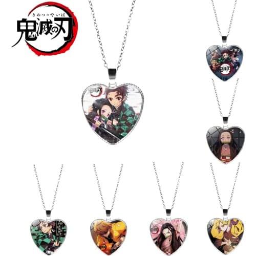 Demon Slayer Anime Kimetsu No Yaiba Necklace Kamado Tanjirou Nezuko Kawaii Cartoon Printed Glass Art Heart Pendant Gift