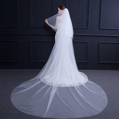 Popodion Bridal Veils Long Simple Tulle Veil 3 Meters with Comb Blusher Bridal veils WAS10203