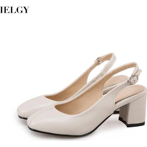 IELGY large size non-slip thick heel mid heel Womens sandals square toe buckle solid color set feet shallow mouth
