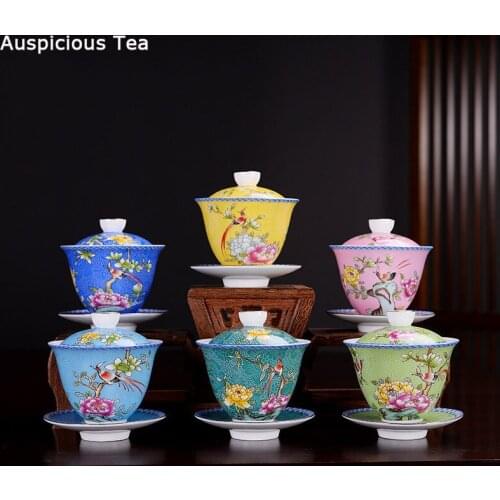 Jingdezhen ceramics Gaiwan Exquisite Enamel Color Handmade Tea Bowl Hand painted flower and bird Teaset 150ml Drinkware