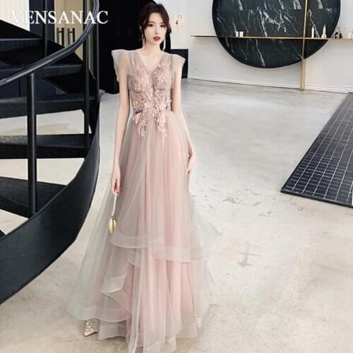 VENSANAC Illusion V Neck Lace Appliques A Line Long Evening Dresses Party Short Sleeve Backless Prom Gowns