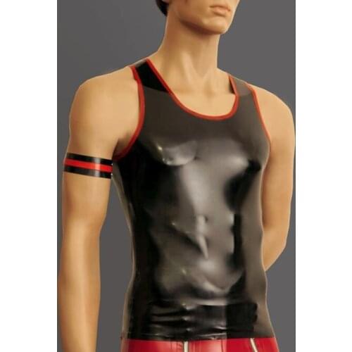 Sports style mens black tight latex tanks with red trims decorationsy 100% handmade crafts